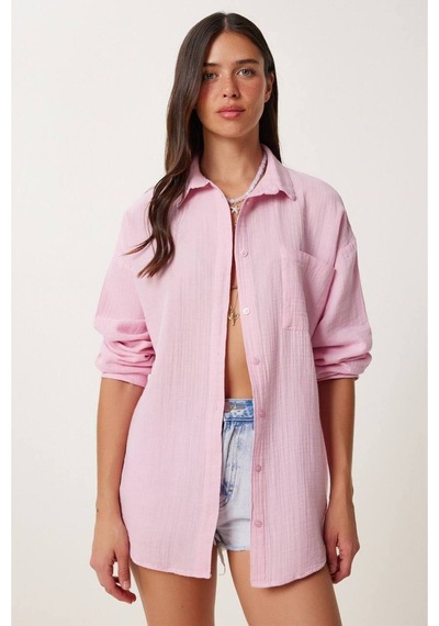 Mayrem Kadın Müslin Kumaş Oversize Uzun Kollu Gömlek Pembe