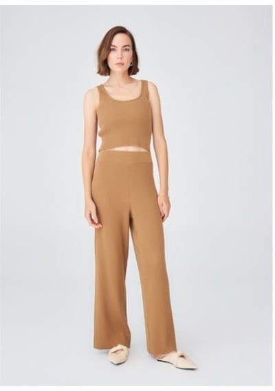Peraluna Krop Fit Kadın Triko Atlet Camel Camel