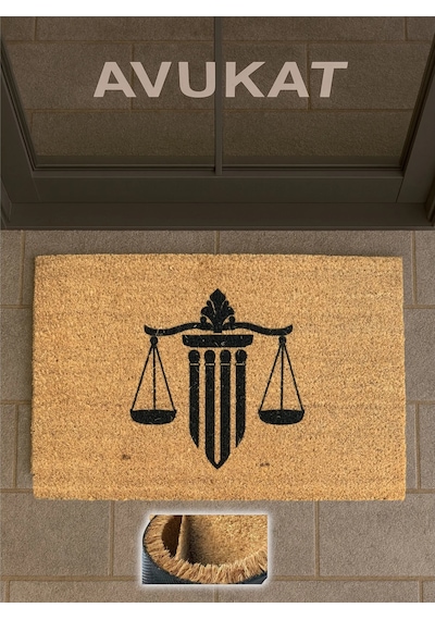 Lovkontor 40x60 Cm, Avukatlık Ofisi Kapı Önü Koko Paspası Hukuk Bürosu Temalı, Kaymaz Taban Açık Kahverengi