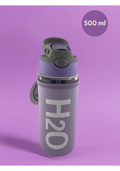 H2o Kılıflı Pipetli Cam Matara 500 Ml Mor
