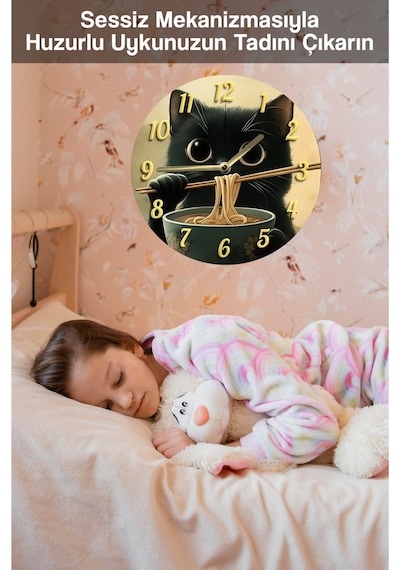 Noodlecat Sevimli Siyah Kedili 3d Görünümlü Mdf Duvar Saati Sdw228 Renkli