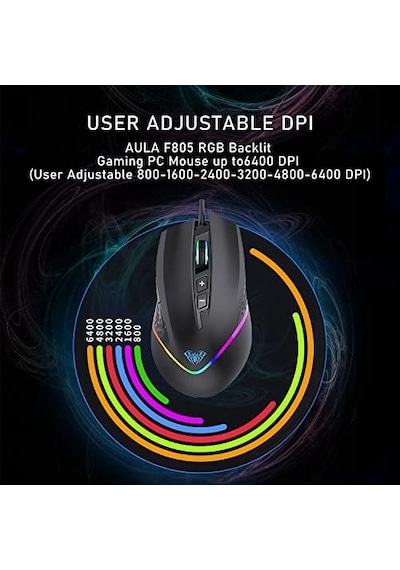 Aula F805 6400dpı Rgb 7 Tuşlu Makro Optik Oyuncu Mouse, Siyah