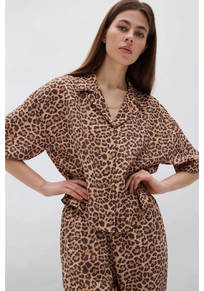 Defacto Loose Fit Leopar Desenli Modal Kısa Kollu Gömlek F0879ax25smbn226 Kahve