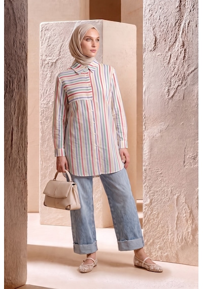 Armine Trend Çizgili Asimetrik Blok Detaylı Düğmeli Uzun Kollu Oversize Gömlek Tunik 90 Cm Boy Oranj 26yt490