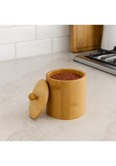 Doğal Bambu Ahşap Baharatlık Kapaklı Silindir Saklama Kabı 9x10 Cm El Yapımı Mutfak Düzeni Çok Renkli