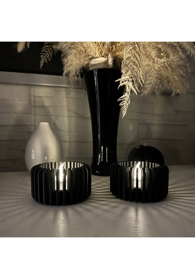 3d Baskı Modern Çizgili Mumluk - Tealight Mumluk 1 Adet -siyah Diğer