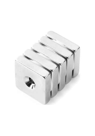 5 Adet, Köşeli, Neodyum Mıknatıs, 20x20x5 Mm, D:10/5 Mm, Havşa Delikli, Güçlü Magnet, N35 Kalite
