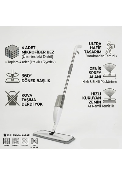 Nobera Profesyonel Sprey Mop Su Püskürtmeli Temizlik Paspası 360 Döner Başlık 350 Ml Su Hazneli 4 Bezli Set