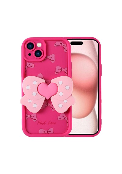 Apple     Uyumlu iPhone 15 Kılıf Kamera Korumalı Figür Tasarımlı Zore Kapya Kapak Pembe Koyu