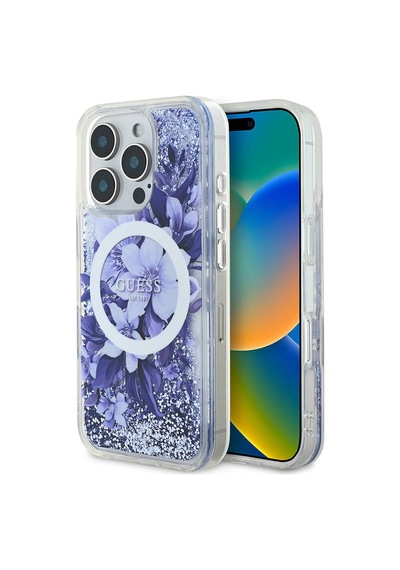 Apple iPhone 16 Pro Uyumlu Kılıf Guess Lisanslı Magsafe Özellikli Sıvılı Simli Çiçek Desenli Mor