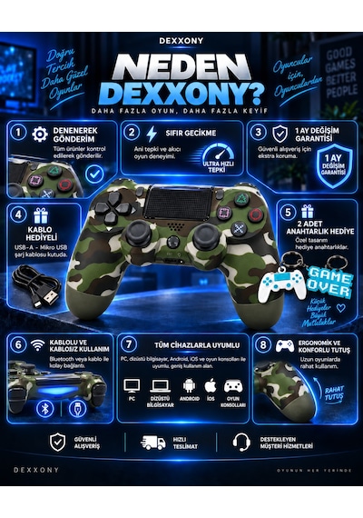 Dexxony Ps4 Uyumlu Kablosuz Bluetooth Oyun Kolu Pc/android Tv,  Ölü Bölge, Kamuflaj