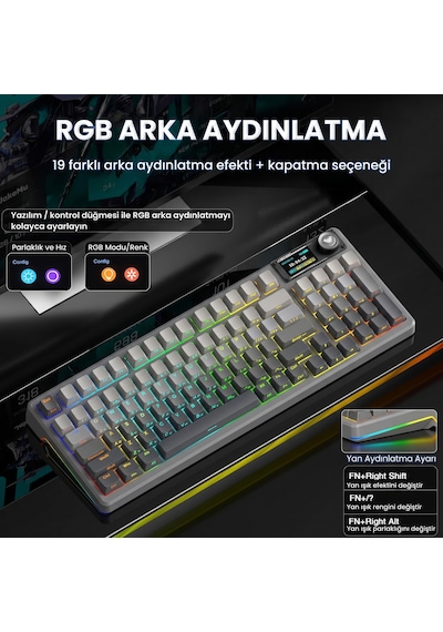 Aula F98 Pro V3 Oled Ekranlı Crystal Switch Makrolu Kablosuz Rgb Hot-swap Gasket Pre-lubed Switch Mekanik Klavye Gradyan Gri