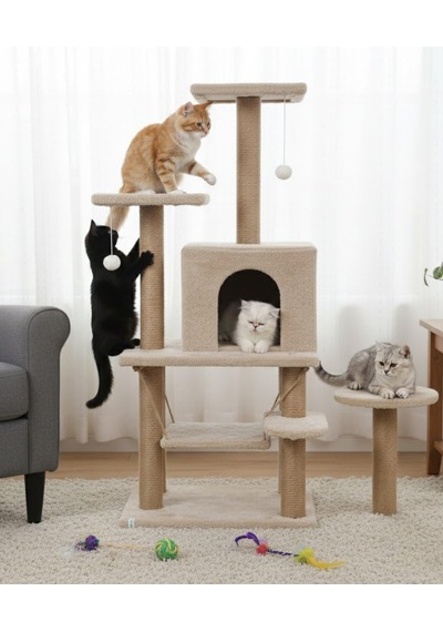 Pet Y01 Kedi Tırmalama Oyun Evi Salıncaklı Yuvalı Lüks Bej