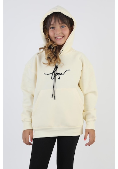 Kapşonlu Love Baskılı Kanguru Cepli Kız Çocuk Sweatshirt-90859 Krem