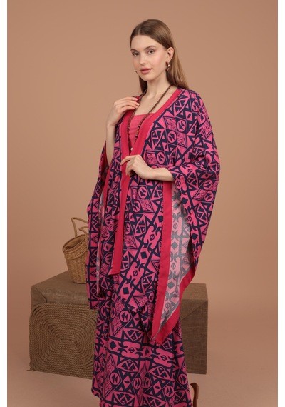 Chıcnhappy Empirme Viskon Kumaş Kadın Kimono Takım 24vl9330133 Fuşya