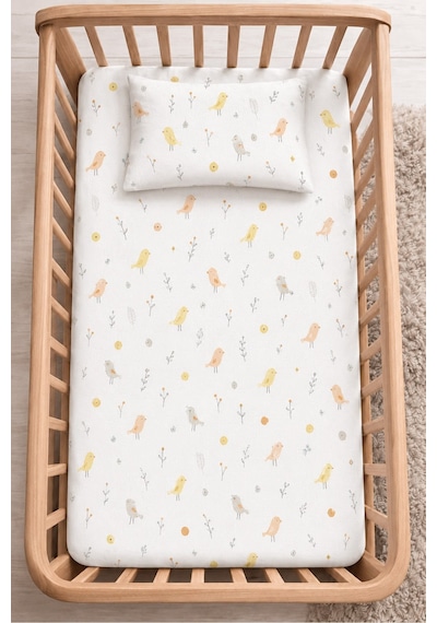 %100 Pamuk Lastikli Bebek Çarşafı + Yastık Kılıfı Park Yatak 60x120 70x110 70x120 Uyumlu Kuş