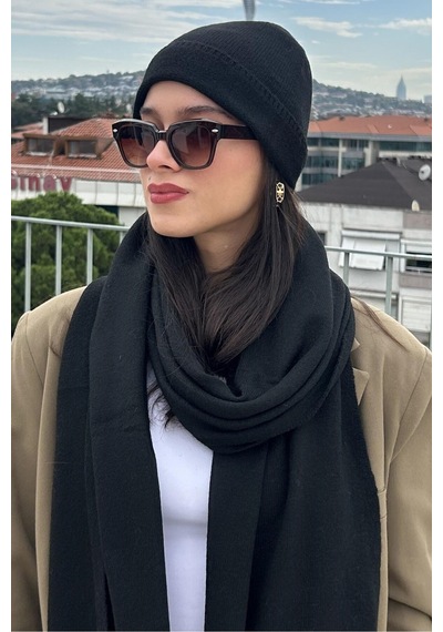 Mollycrush Kadın Kışlık Siyah Atkı Bere Seti Şık Örgü Set Siyah