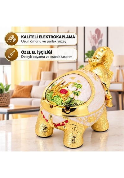 Sunup Sn-38892 Fil Figürlü Dekoratif Küllük Beyaz Gold İşlemeli Sürgülü