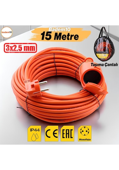 Uzatma Kablosu 15 Metre 3x2.5 Mm Ev Tipi Topraklı Cca Kablolu Tekli Grup Fiş Priz Kapaklı Monofaze