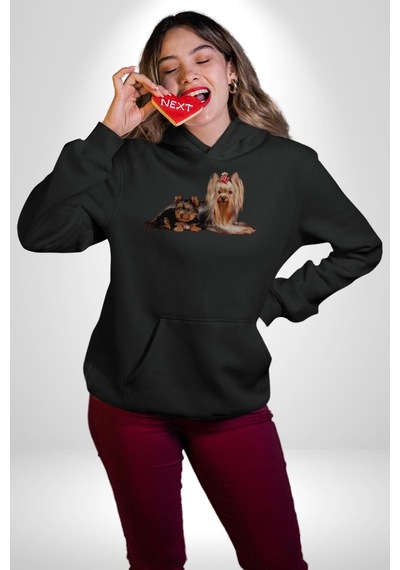 Yorkshire Teacup Ve Anne Köpek Kadın Erkek Siyah Kapüşonlu Sweatshirt Hoodie Siyah