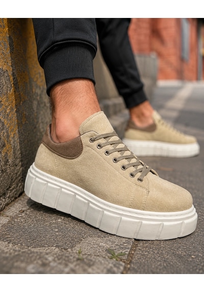 Mevese Ares Bağcıklı Süet Erkek Günlük Sneaker Yüksek Taban Ayakkabı - Krem