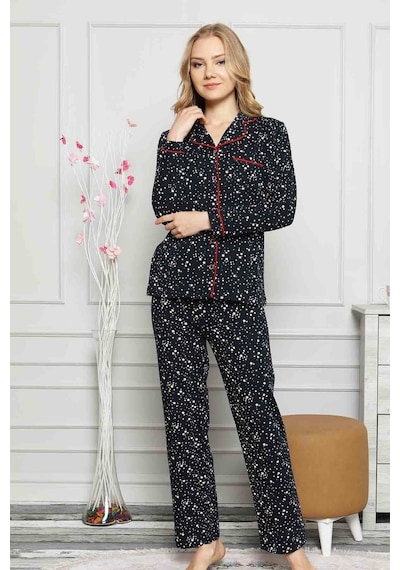 Farya Home Dreamy Yıldız Desenli Biyeli Gömlek Pijama Takımı Lacivert