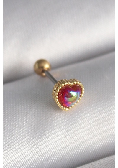 316l Çelik Gold Renk Kırmızı Mineli Kalp Tragus Piercing 5886 Kırmızı