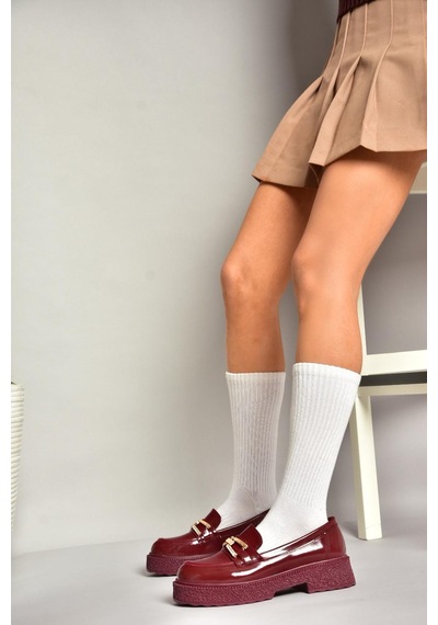 Fox Shoes T996198408 Bordo Rugan Kalın Tabanlı Makosen Kadın Ayakkabı Bordo-rugan Bordo