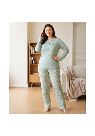 Flz Kadın Kışlık Viskon Pijama Takımı M L Xl Xxl Uzun Kollu Boydan Düğmeli Şık Ev Giyimı B89-100 Mint