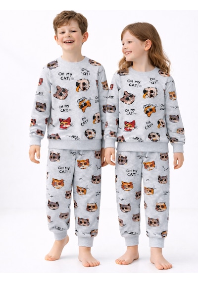 Beka Kids Çocuk Desenli Uzun Kollu Pijama Takımı Unisex Alt Üst Set Çok Renkli