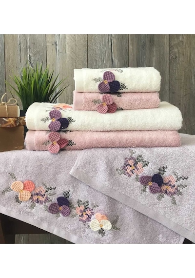 50x90cm. 6 Adet Çeyizlik 3d Nakışlı Özel Üretim El, Yüz Lüks Bambu Havlu Seti %40 Bambu Lifi Renkli