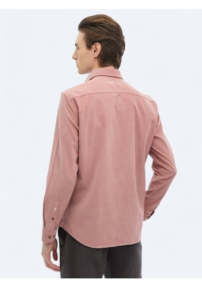 Kip Pembe Fitilli Regular Fit Dokuma Kadife Casual %100 Pamuk Gömlek