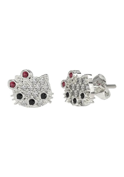 Erdobia Mix Taşlı Rodyum Hello Kitty Çivili Minimal Gümüş Küpe