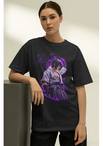 Unisex Oversize Sasuke Uchiha Naruto Anime Karakter Ön Baskılı Pr Siyah