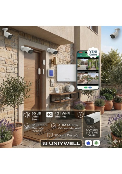 Uniywell 4g + Wi-fi + Ethernet Akıllı Alarm Sistemi - 90 Db Dahili Sirenli, Ip Kamera Onvıf Ve 8 Bölge Kablolu Aksesuar Destekli Güvenlik Seti 1 Yıl Alarm Çağrı Merkezi Hizmeti + Akü