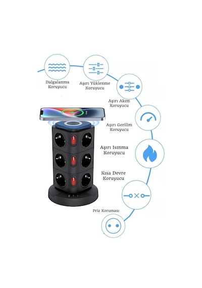 12 Prizli Güç Kulesi Akıllı Priz 3 Usb + Kablosuz Şarj 3680w Yüksek Güç