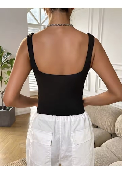Kare Yaka Toparlayıcı Siyah Kadın Mayo Siyah