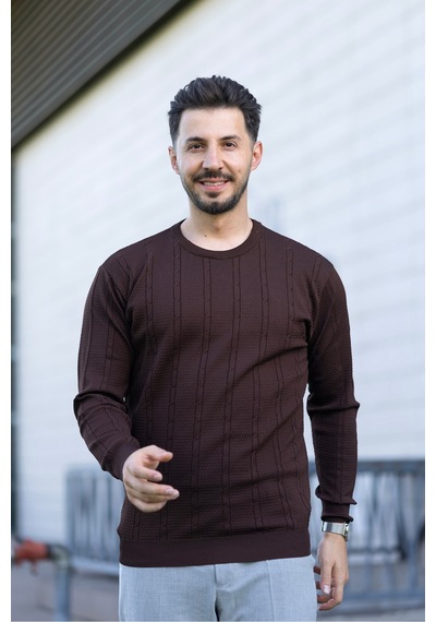 Hk Premium Bisiklet Yaka Örgü Desenli Slim Fit Triko Kazak Kahverengi