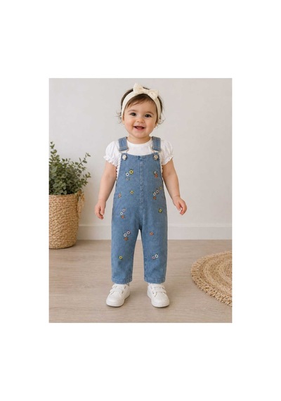 Baby Buu Çiçek Nakışlı Kot Salopet 2 Li Bebek Takım Beyaz Beyaz