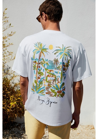 Grımelange ITALIA Erkek %100 Organik Pamuk Ön Arka Baskı Detaylı Oversize Kısa Kol Beyaz T-Shirt