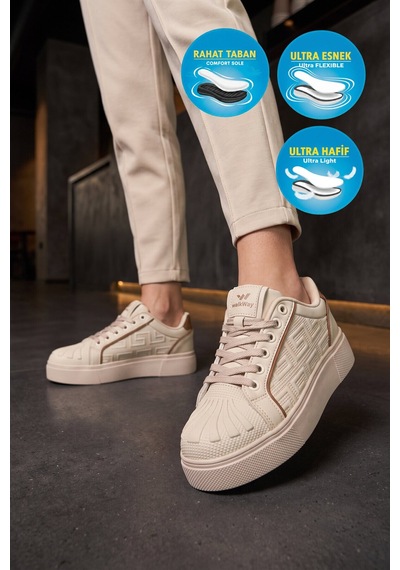 Walkway Bej Bağcıklı Kalın Rahat Tabanlı Kadın Casual Yürüyüş Ayakkabı Sneaker 26201