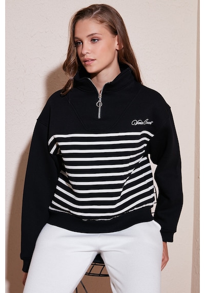 Lela Streç Oversize Fit Yarım Fermuarlı Dik Yaka Bayan Sweat 5865883 Siyah