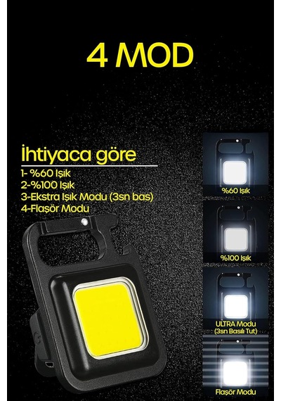 4 Mod Şarjlı Anahtarlık El Feneri Mini Boy Karabina Askılı Cob Led Lamba Acil Durum Işığı 47741