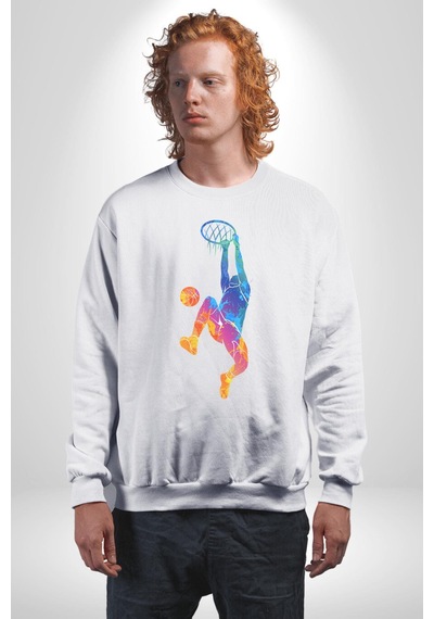 Smaç Basketbol Renkli Unisex Beyaz Baskılı Sweatshirt Beyaz