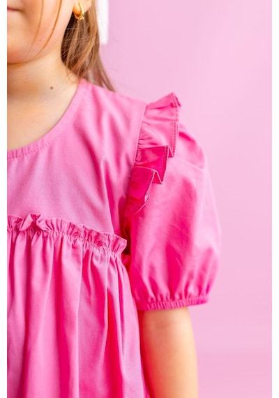 Oliventhekid Robadan Fırfır Büzgülü Kolları Lastikli Poplin Kız Çocuk Elbise Pembe Pembe
