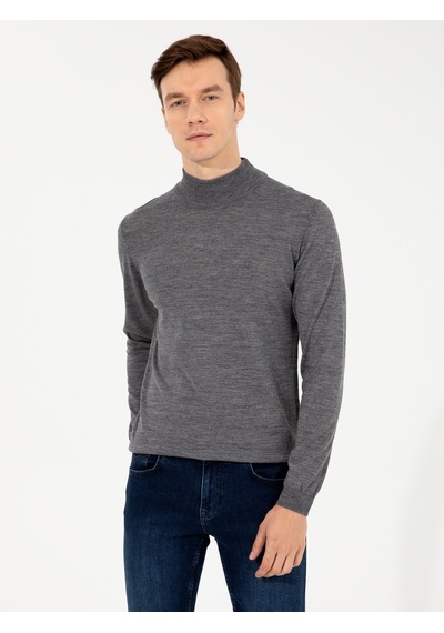 Cacharel Füme Slim Fit Yarım Balıkçı Basic Triko Kazak Gri