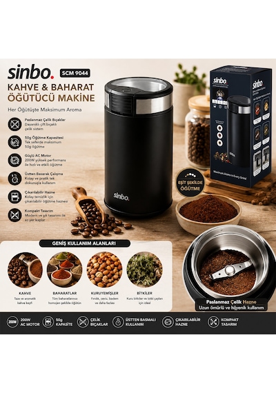 Kahve - Baharat Öğütücü Makine 2 Bıçaklı Çelik Öğütme Haznesi 50gr Öğütme Ac Motor 200w Scm-9044 4801 Siyah