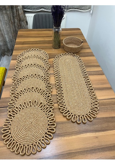 Senza Atelier 8 Parça Jüt Supla Seti - Oval Runner Ve Ekmek Sepeti Dahil Hasır Sofra Takımı