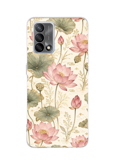 Oppo A74 Uyumlu Pastel Pembe Lotus Baskılı Silikon Kılıf