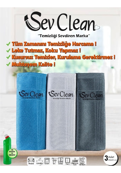 Sev Clean Mikrofiber Temizlik Cam Ayna Ocak Bezi 3'lü 40 x 60 CM